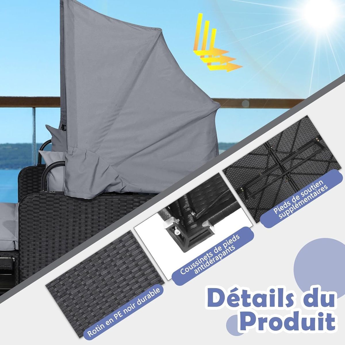 2-Seater Rattan Sun Lounger with Retractable Canopy, Sunbed with Folding Side Panels, 360KG Load Capacity, Beige/Grey