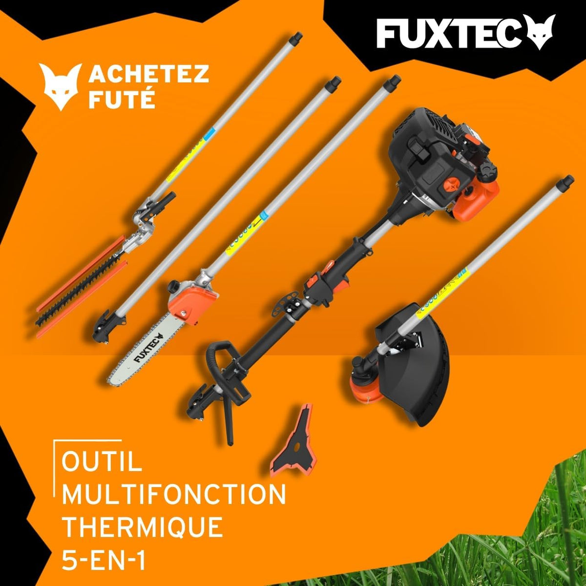 Fuxtec FX-MT152E 5-in-1 Multi-Tool Petrol Brush Cutter - Easy Starter, 3 HP, 52 cc, 2-Stroke Engine, Pruner, Hedge Trimmer, Edger with Cord or Blade, 1 Meter Extension