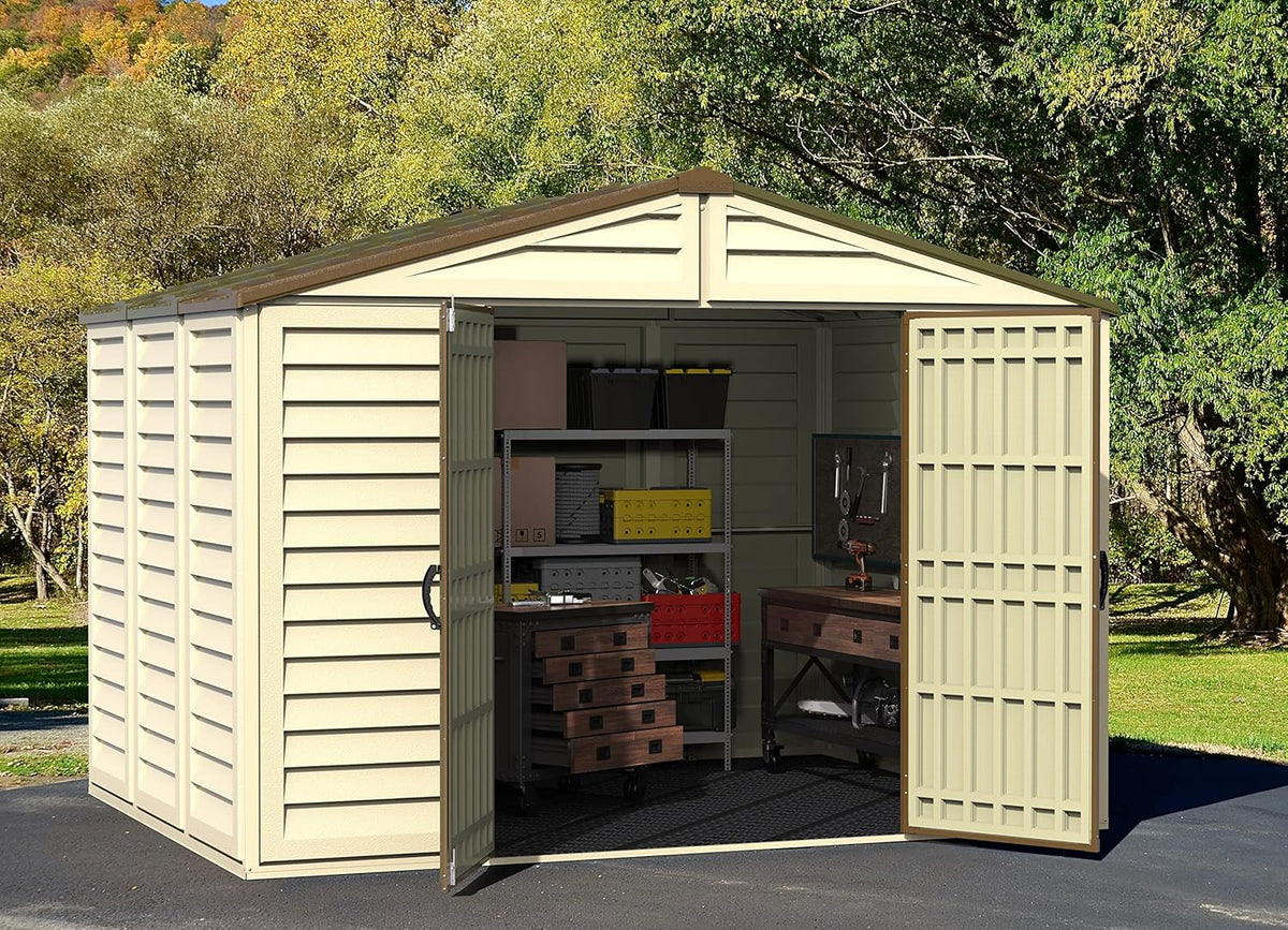 Duramax WoodBridge Plus 10 x 8 (7.64 m2) Plastic Garden Shed with 1 Fixed Window and Metal Foundation Kit, Sturdy Metal Roof Structure and Maintenance-Free Garden Shed - Ivory/Brown