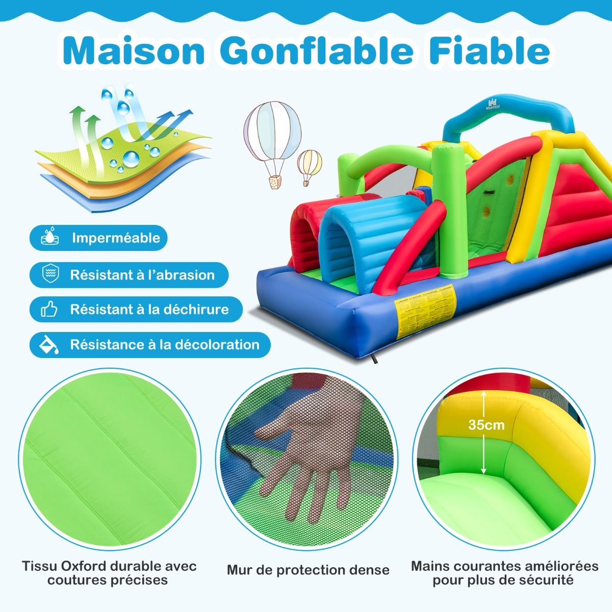 Inflatable Castle for 4 Children with 2 Slides, Tunnels, Bounce Zone, Climbing Wall, Obstacles, Playhouse with 680W Blower -