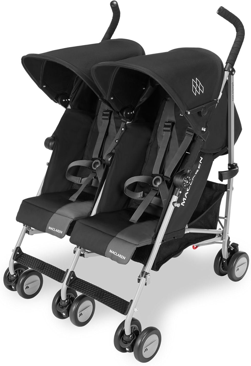 Maclaren Twin Triumph double stroller (6 months, up to 15 kg, one child per seat), lightweight and compact, extendable UPF 50+ canopy with rain cover - Black/Anthracite