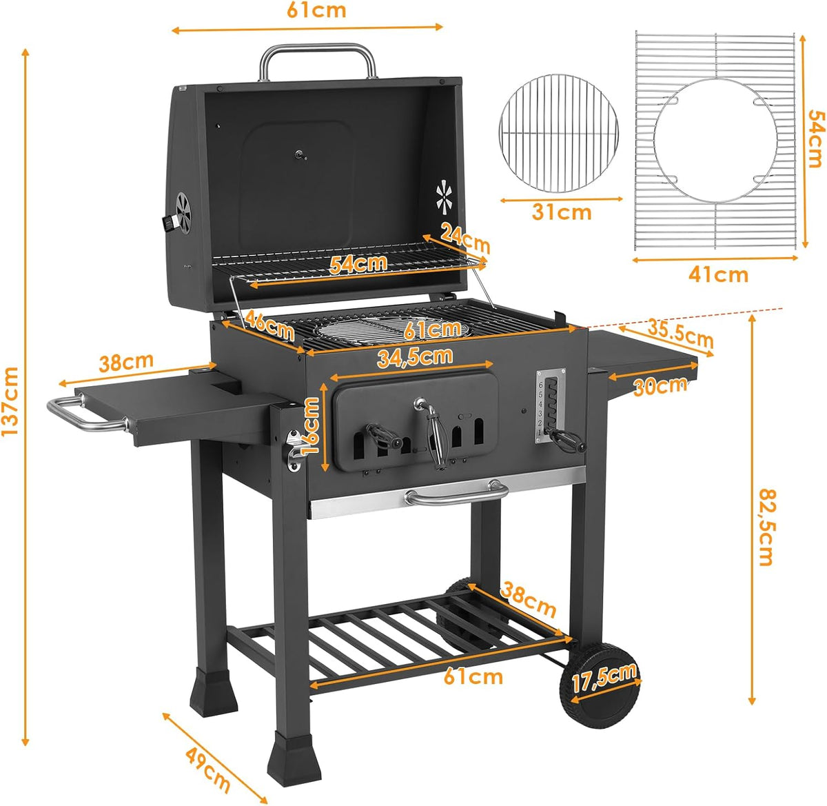 XL Charcoal Barbecue, Barbecue Cart, XL Charcoal Grill with Lid, Wheels and Thermometer, Height Adjustable, Large Charcoal Barbecue, for Camping and Garden, Black