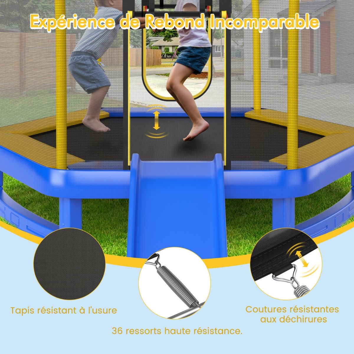 Outdoor Trampoline ? 223cm with Slide & Ladder with Safety Net, 2 U-Shaped Doors, Load Capacity 270kg for 2-3 Children Aged 3+, Blue/Green