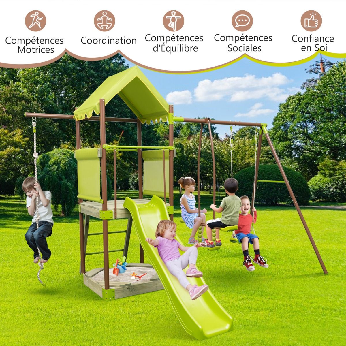 7-in-1 Metal Swing Set with Height-Adjustable Covered Fort, Climbing Rope, Sandpit, Slide, and Wavy Slide (Green)