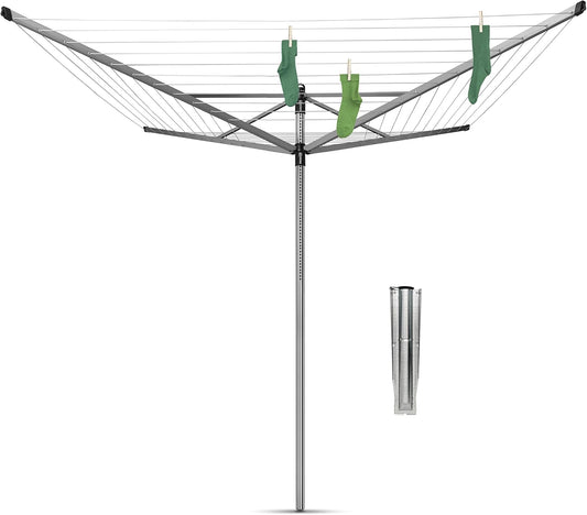 Brabantia - Lift-O-Matic Clothes Dryer - Outdoor Clothesline - Non-slip - UV resistant, 60m - Smooth rotation - Convenient - Metal ground stake - Metallic Grey - 295cm