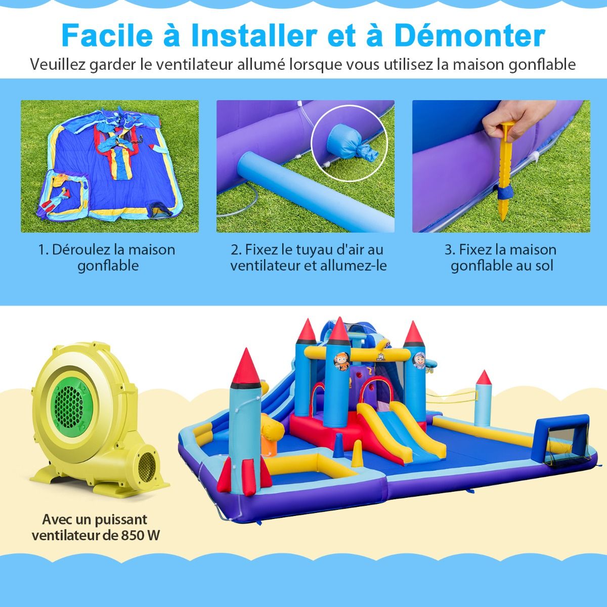 Inflatable Castle with Water Slides, Rocket Theme for Children, Swimming Pool, Jumping Area, Water Gun, Climbing Wall, 850W Blower, Multicoloured -