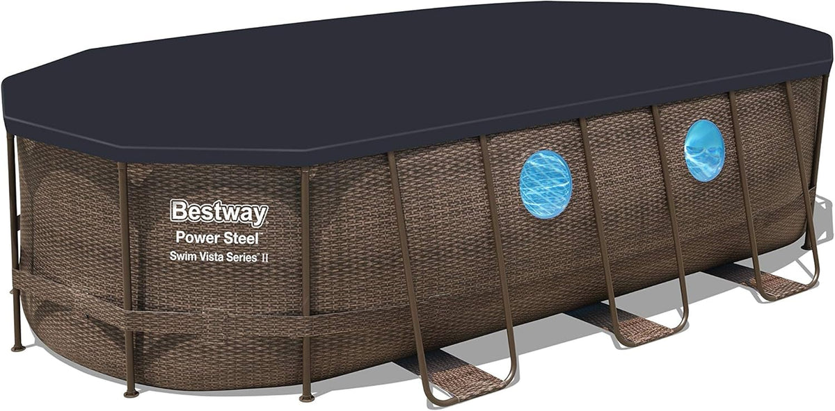 56946 Power Steel? Swim Vista oval pool 488 x 305 x 107 cm rattan pattern with portholes, sand filtration, ladder, cover and Chemconnect? diffuser