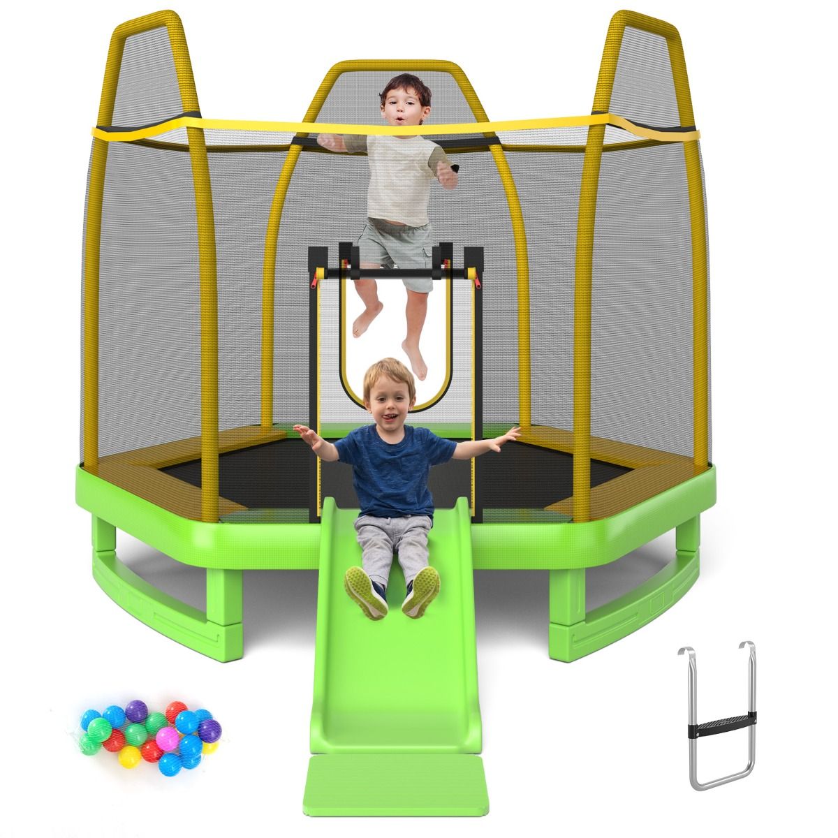 Outdoor Trampoline ? 223cm with Slide & Ladder with Safety Net, 2 U-Shaped Doors, Load Capacity 270kg for 2-3 Children Aged 3+, Blue/Green