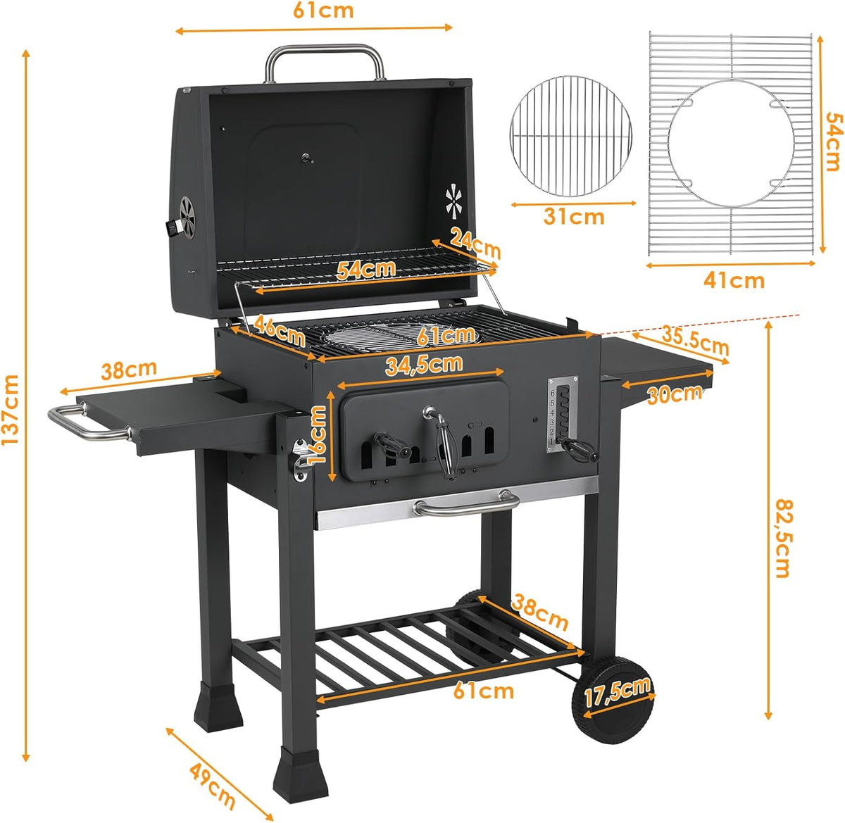 XL Charcoal Barbecue, Barbecue Cart, XL Charcoal Grill with Lid, Wheels and Thermometer, Height Adjustable, Large Charcoal Barbecue, for Camping and Garden, Black