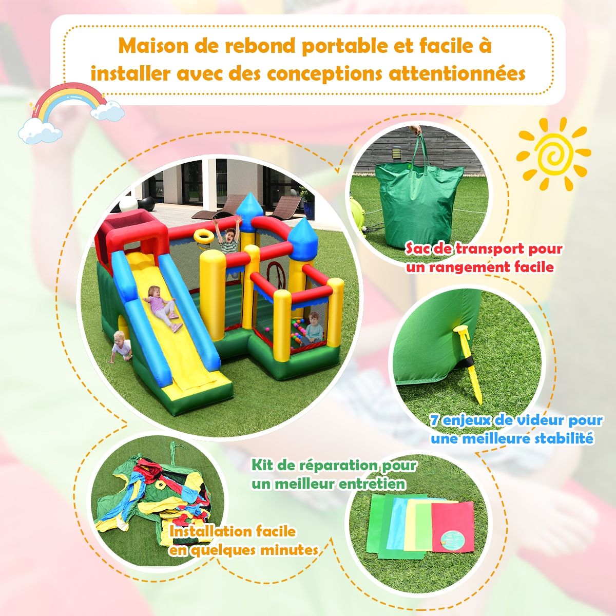 4-in-1 Inflatable Castle for Children 3-10 Years Old with Slide, Jumping Area, Climbing Wall, Basketball Hoop -