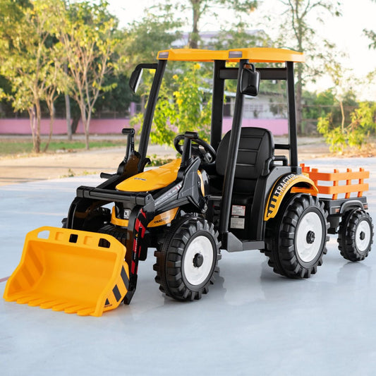 12V Electric Tractor for Children with Detachable Shovel & Trailer, 6-Wheel Electric Vehicle with Remote Control & Music, 3-6 km/h for Ages 3-8, Yellow/Green