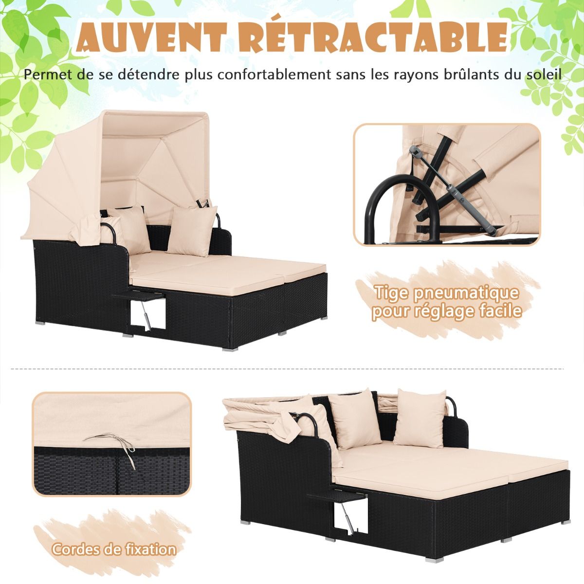 2-Seater Rattan Sun Lounger with Retractable Canopy, Sunbed with Folding Side Panels, 360KG Load Capacity, Beige/Grey
