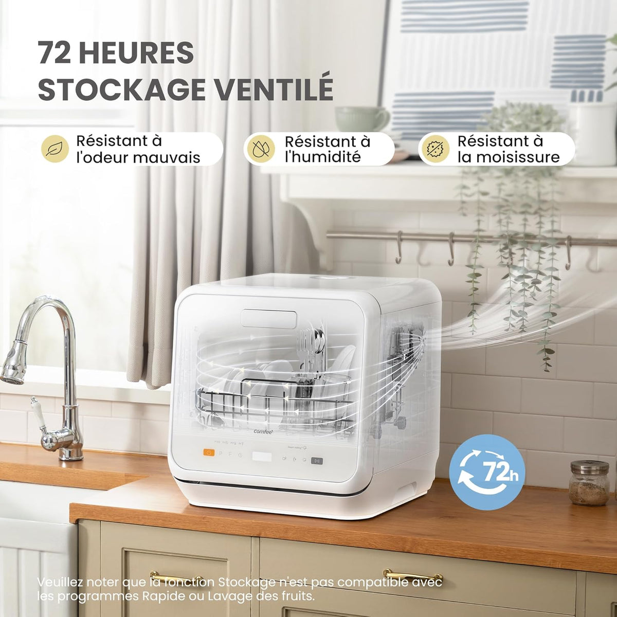 COMFEE' Countertop Dishwasher, Mini Tabletop Dishwasher with 6 Programs, Steam Wash, Baby Care and Fruit Wash, No Plumbing Required, Delay Start, 72-Hour Storage, White