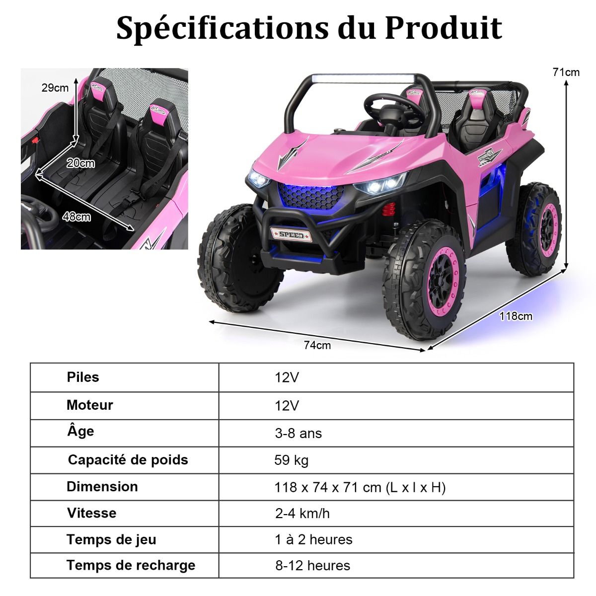 12V Electric Ride-On Car for Children Ages 3-8, 2 Speeds, Spring Suspension, 59KG Load Capacity, 118x74x71CM, Black/Pink/Red