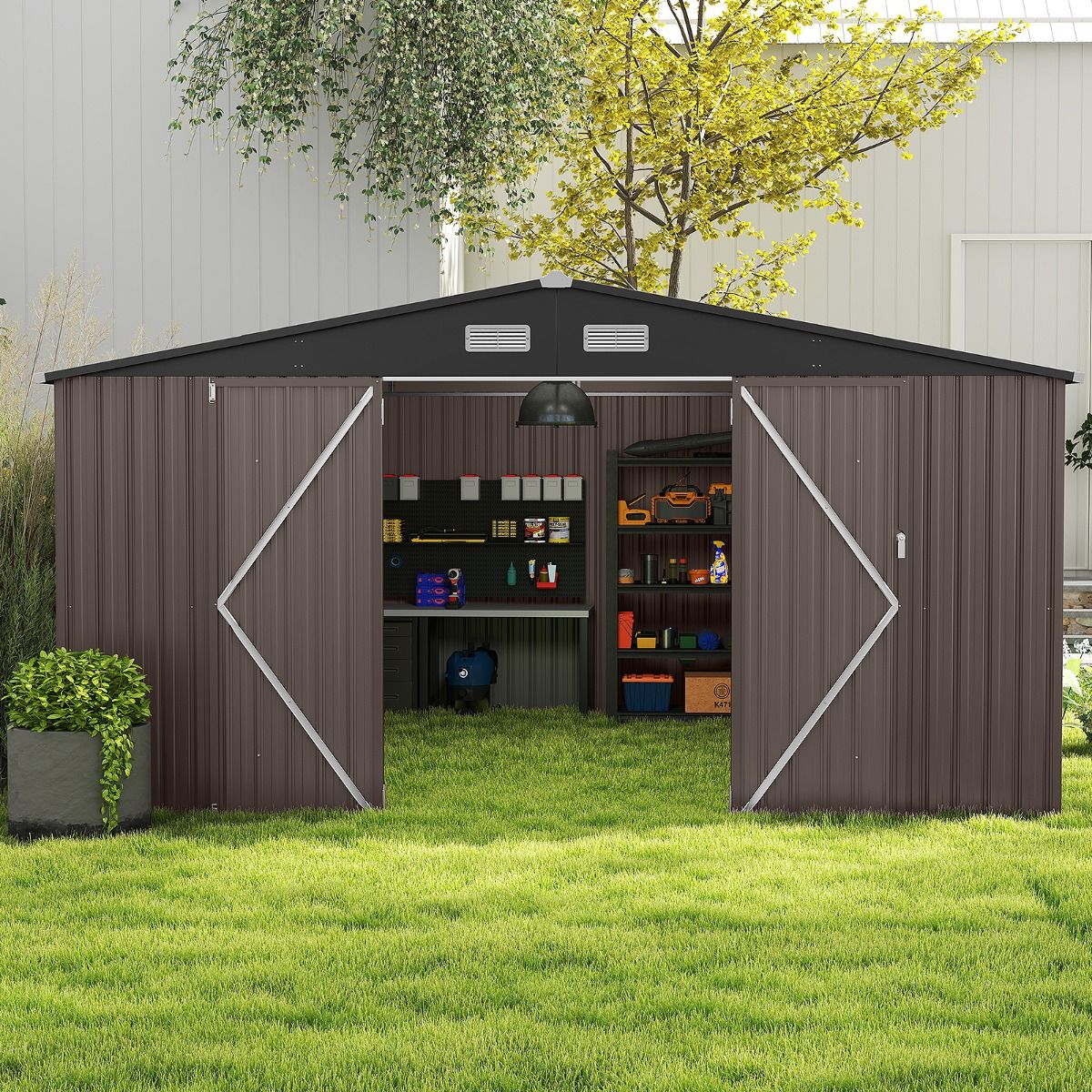 Large Outdoor Storage Shed/Tool Shed with Sloping Roof Design, Lockable Doors with Keys, 4 Ventilation Vents, 350x350x198cm, Grey