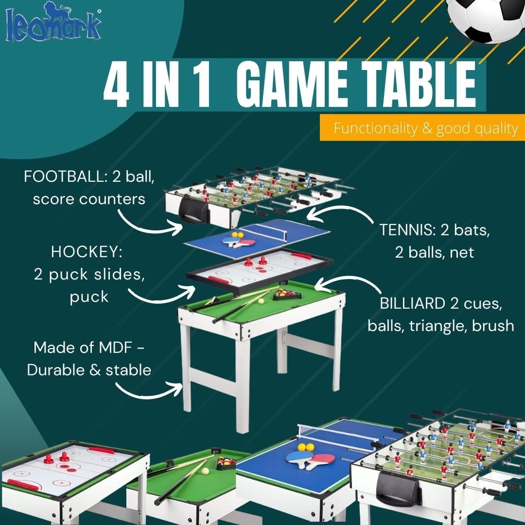 Leomark 4-in-1 Games Table - Billiards, Foosball, Table Hockey, and Ping-Pong Multifunctional Game Table Dimensions: 120 x 61 x 82 (Height) cm