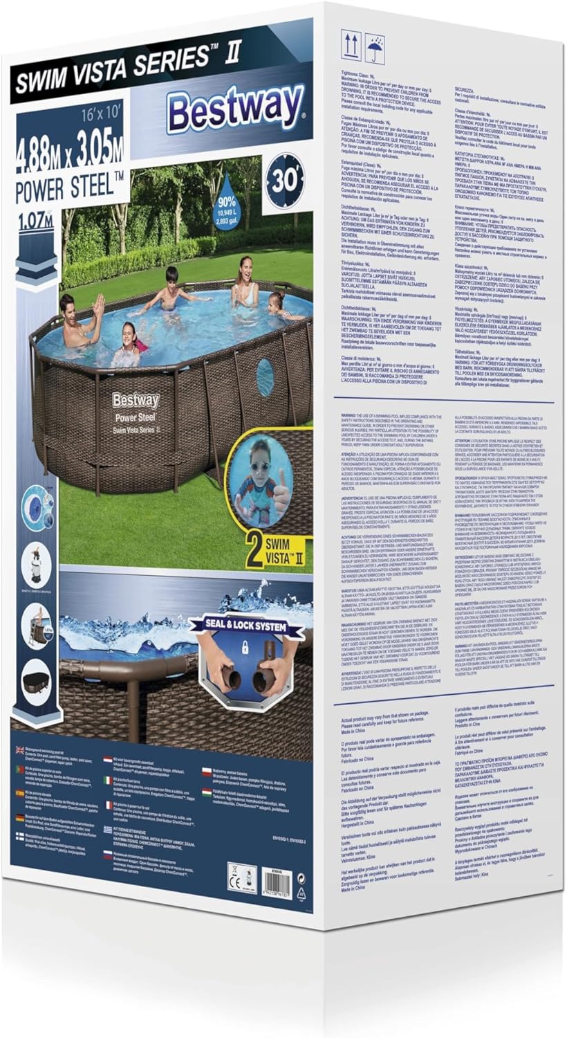 56946 Power Steel? Swim Vista oval pool 488 x 305 x 107 cm rattan pattern with portholes, sand filtration, ladder, cover and Chemconnect? diffuser
