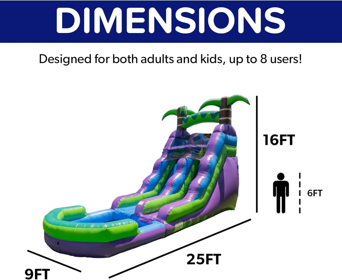 16' Purple Tropical Lightweight Premium Commercial Grade Water Slide Inflatable with Attached Pool for Kids and Adults (with Blower), Wet Dry Use, Summer Fun