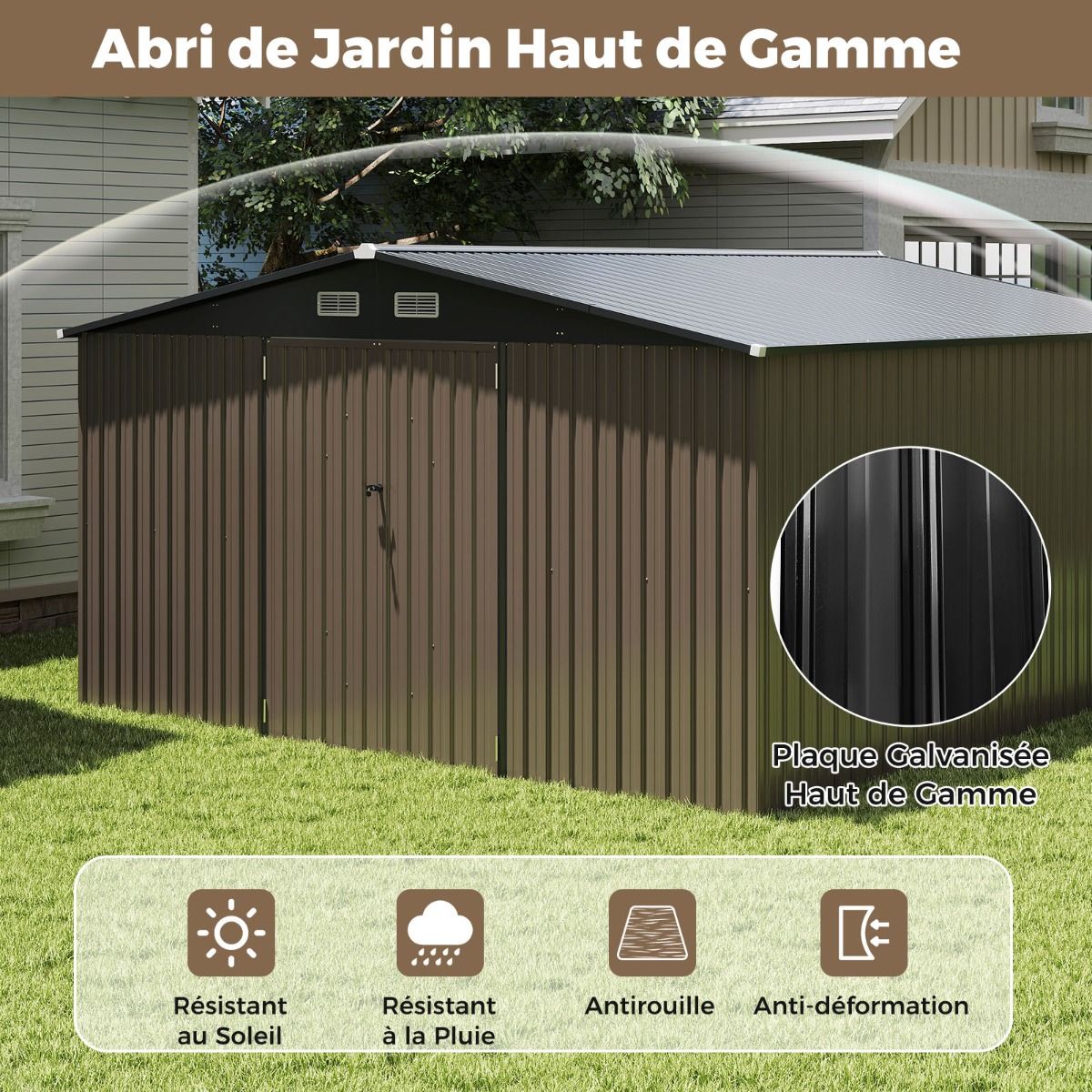 Large Outdoor Storage Shed/Tool Shed with Sloping Roof Design, Lockable Doors with Keys, 4 Ventilation Vents, 350x350x198cm, Grey