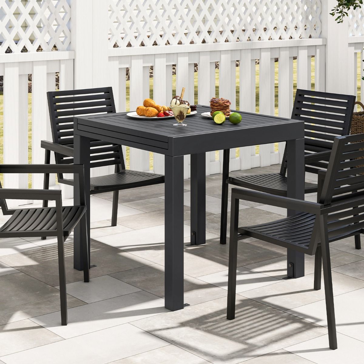 Extendable Aluminum Garden Table, Adjustable from 80 to 160 CM, Outdoor Dining Table with Slatted Top for 4-6 People, Dark Grey