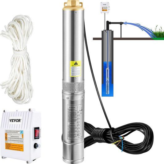 VEVOR Submersible Well Pump 190 L/min 57 m Deep Well Water Pump in Stainless Steel, 1100 W Electric Water Pump, Automatic Submersible Well Pump for Domestic, Agricultural, and Industrial Use