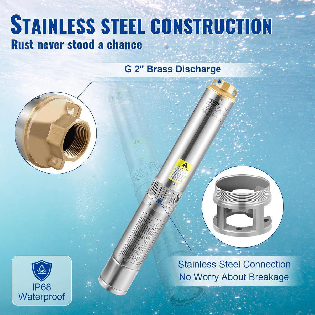 VEVOR Submersible Well Pump 190 L/min 57 m Deep Well Water Pump in Stainless Steel, 1100 W Electric Water Pump, Automatic Submersible Well Pump for Domestic, Agricultural, and Industrial Use