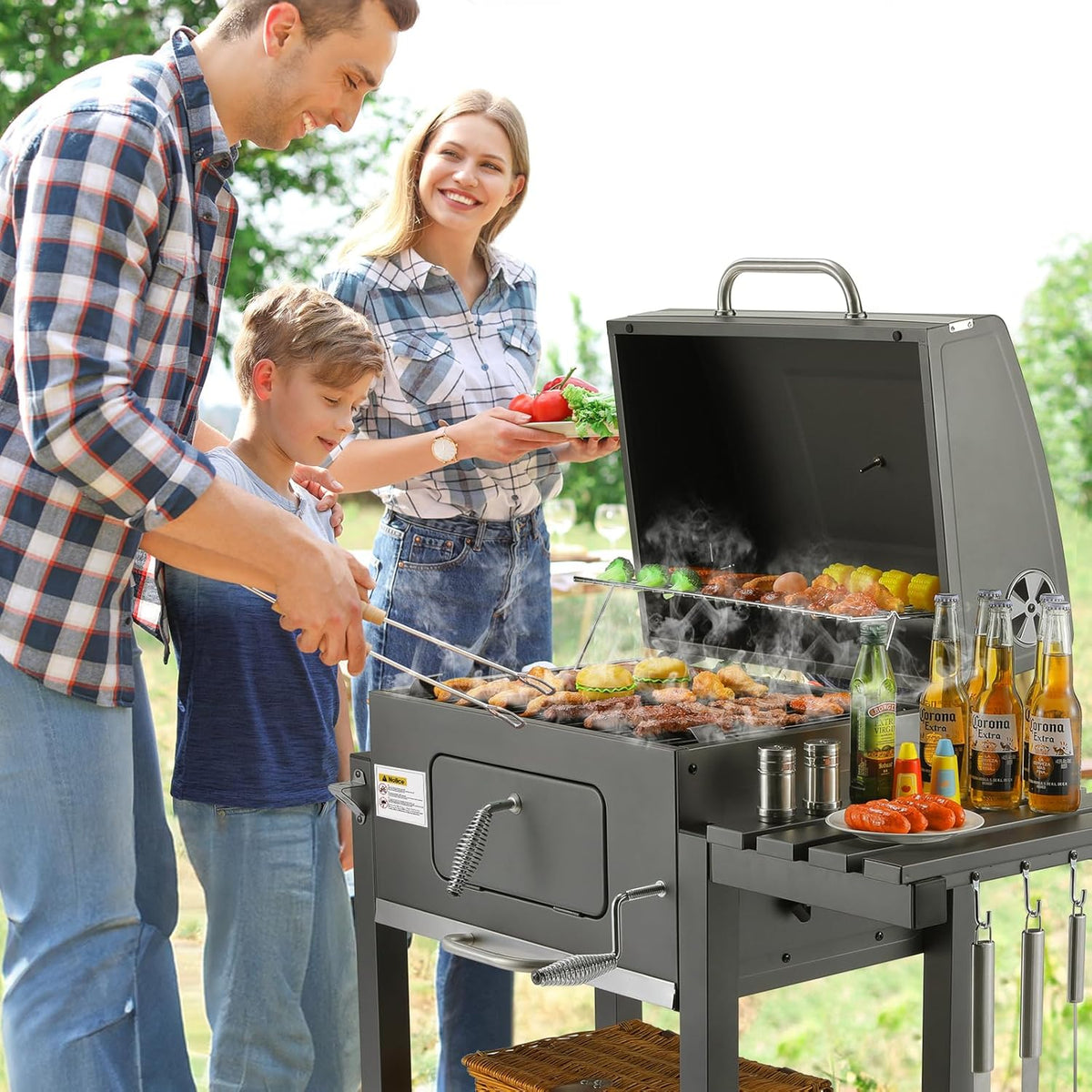 XL Charcoal Barbecue, Barbecue Cart, XL Charcoal Grill with Lid, Wheels and Thermometer, Height Adjustable, Large Charcoal Barbecue, for Camping and Garden, Black