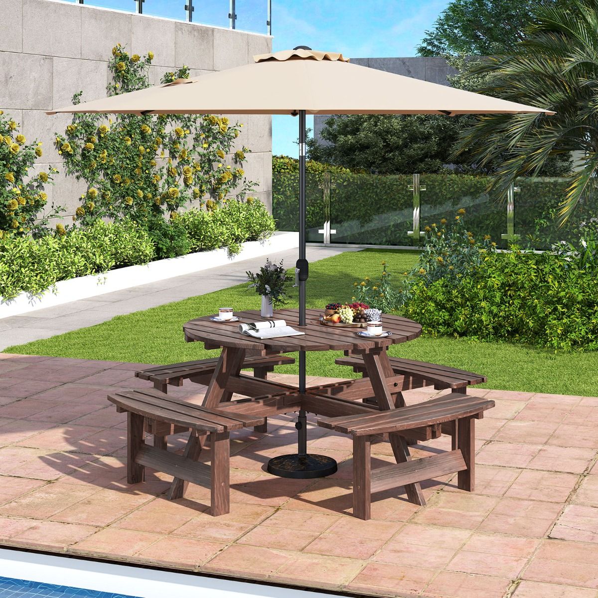 Wooden Picnic Table Set for 2 to 8 People, Circular Table and Bench Set with 4 Integrated Benches, 5cm Parasol Hole, Brown/Yellow -