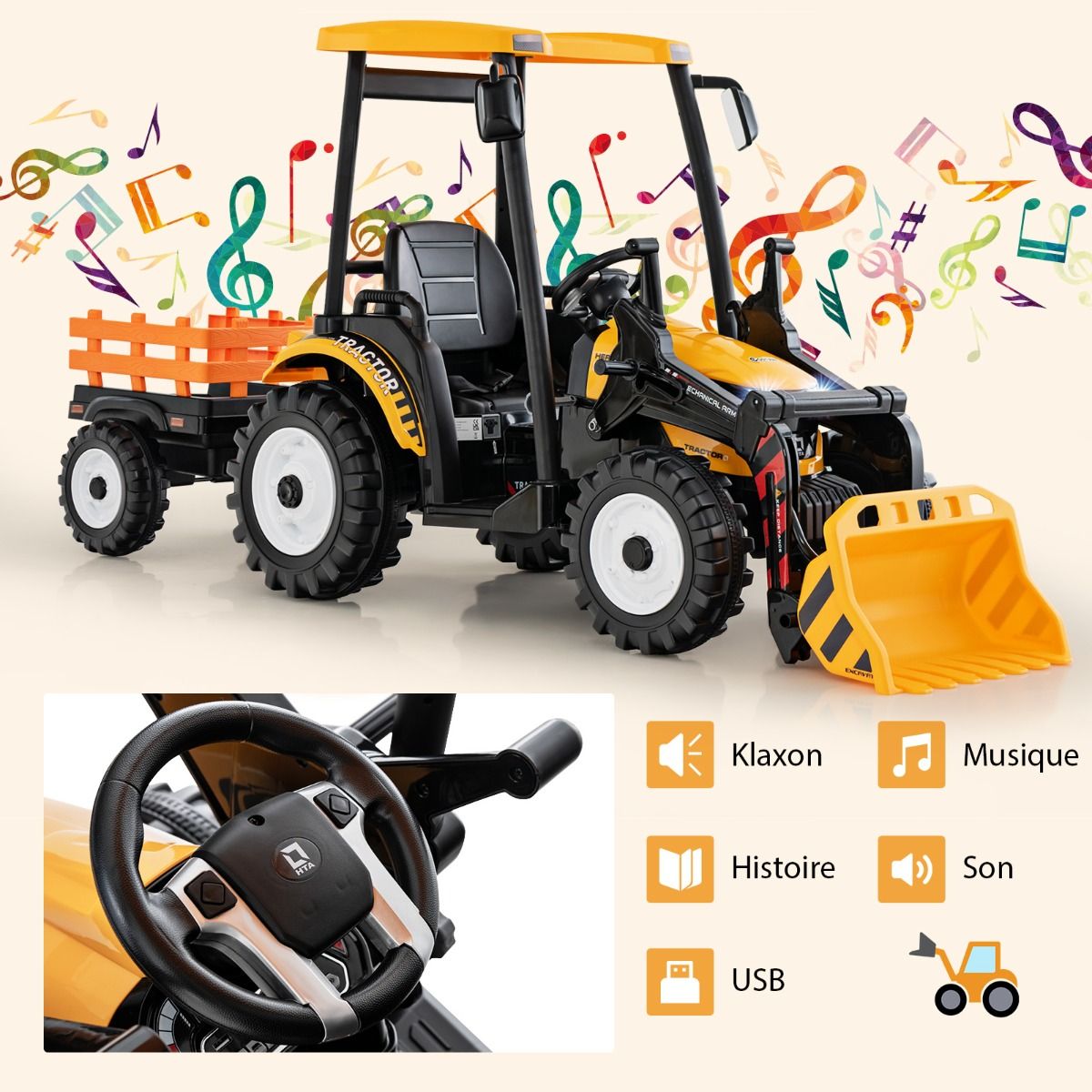 12V Electric Tractor for Children with Detachable Shovel & Trailer, 6-Wheel Electric Vehicle with Remote Control & Music, 3-6 km/h for Ages 3-8, Yellow/Green