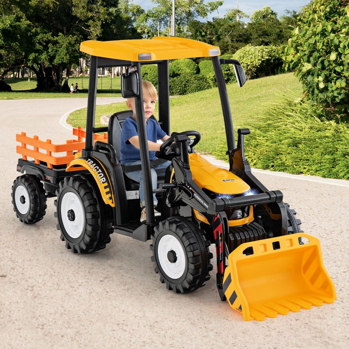 12V Electric Tractor for Children with Detachable Shovel & Trailer, 6-Wheel Electric Vehicle with Remote Control & Music, 3-6 km/h for Ages 3-8, Yellow/Green