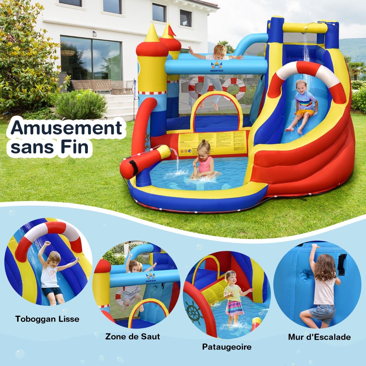 Inflatable Boat-Style Castle with Curved Slide, Jumping Area, Climbing Wall with 450W Inflator -
