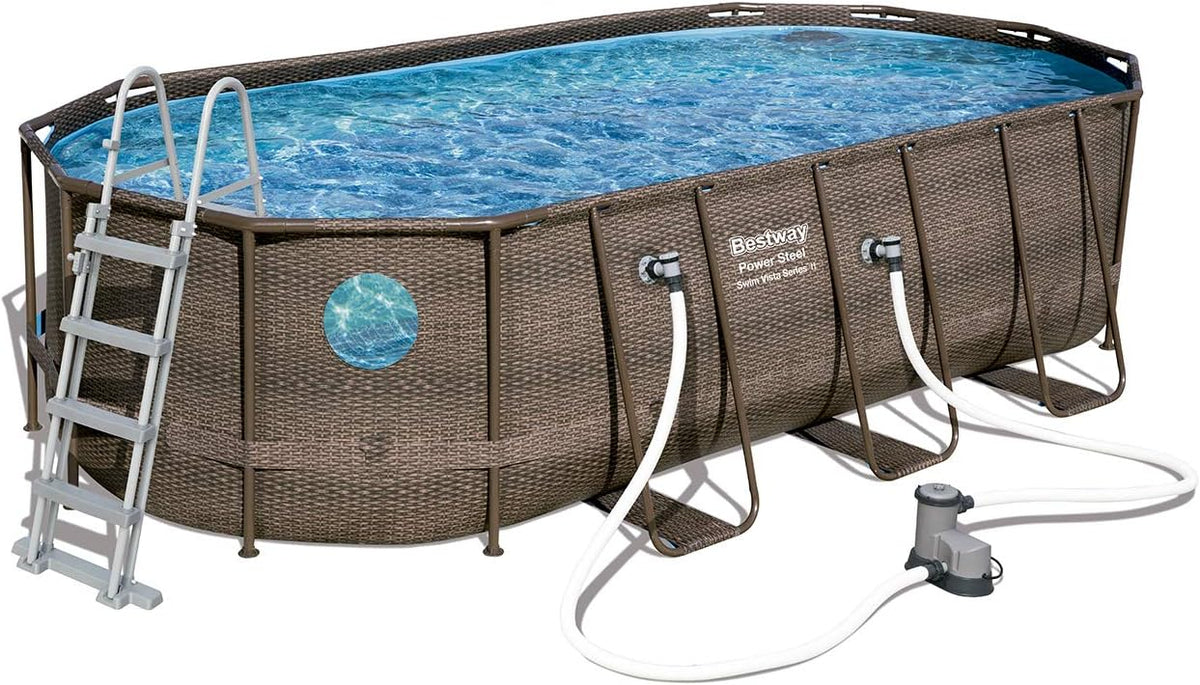 56946 Power Steel? Swim Vista oval pool 488 x 305 x 107 cm rattan pattern with portholes, sand filtration, ladder, cover and Chemconnect? diffuser