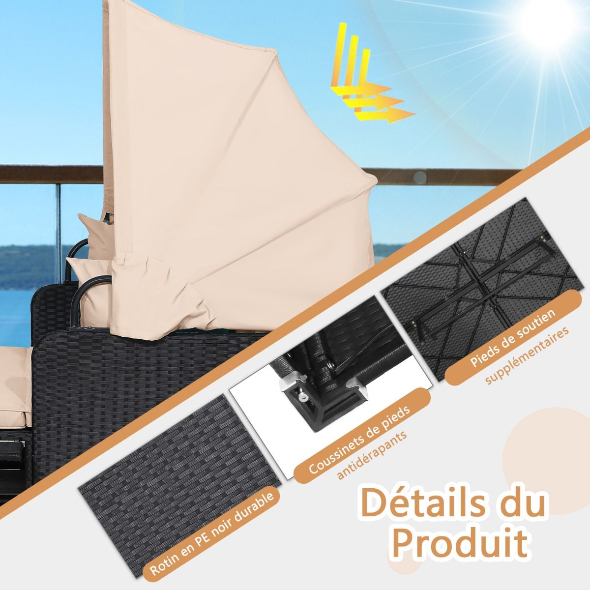 2-Seater Rattan Sun Lounger with Retractable Canopy, Sunbed with Folding Side Panels, 360KG Load Capacity, Beige/Grey