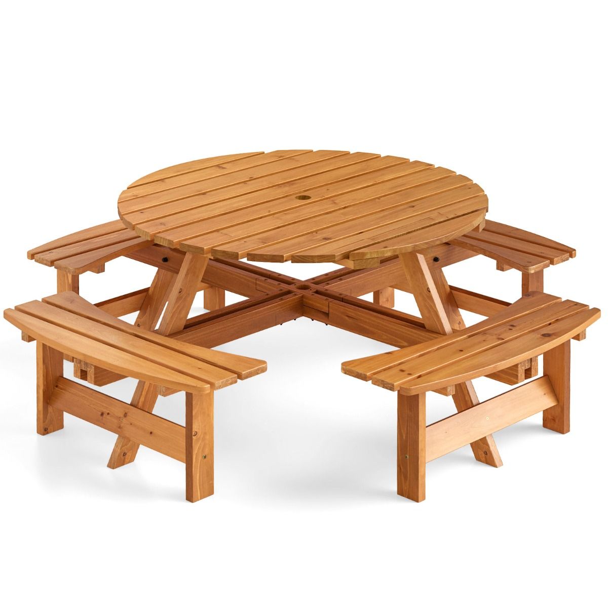 Wooden Picnic Table Set for 2 to 8 People, Circular Table and Bench Set with 4 Integrated Benches, 5cm Parasol Hole, Brown/Yellow -