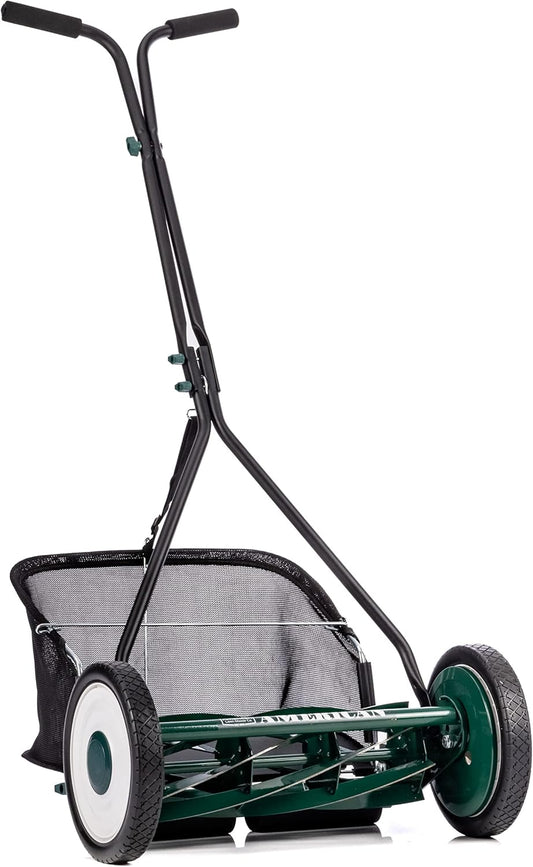 Mower Company 1725-16GC 16-inch 7-blade reel mower with grass debris collection device, designed specifically for lawns, green model