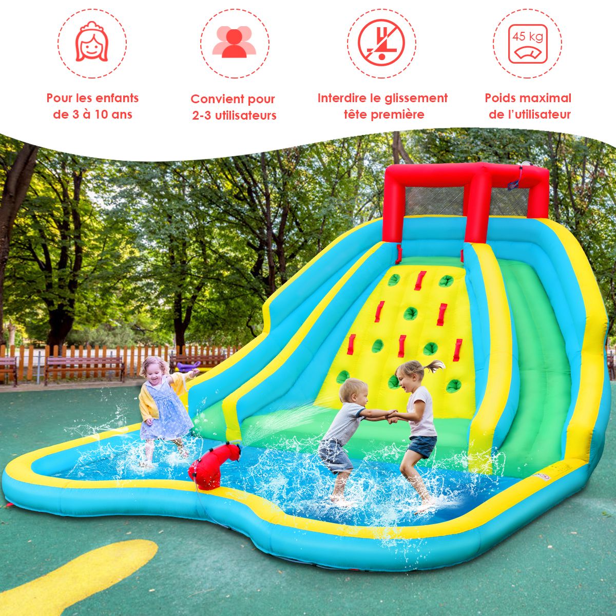 5-in-1 Inflatable Water Slide with Paddling Pool, Inflatable Oxford Play Area with Climbing Wall, Load Capacity 150kg for Ages 3-10 (Blower Not Included)