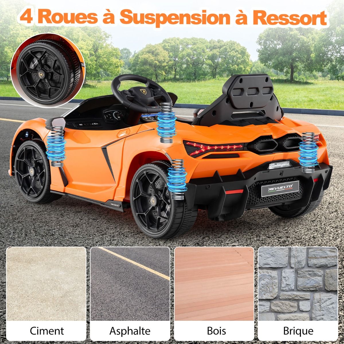 Revuelto Licensed 12V Electric Ride-On Car for Children with Remote Control and Hydraulic Doors, Suitable for Ages 37-95 Months, Grey/Orange