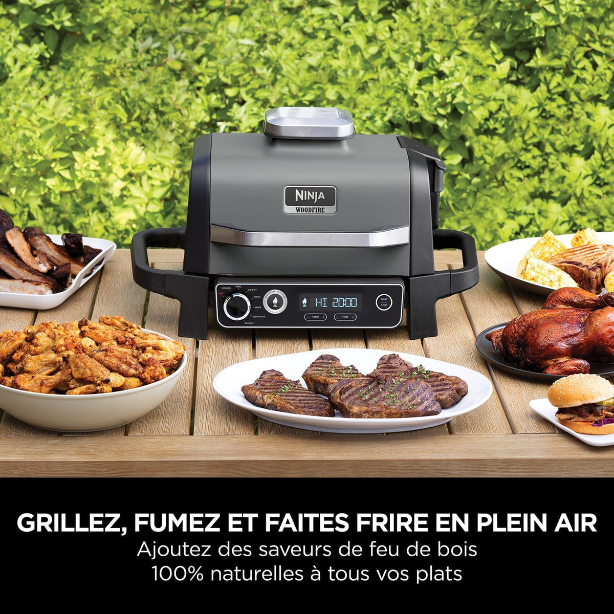 Ninja Woodfire Electric Barbecue, Grill, Smoker & Air Fryer, 7-in-1 Outdoor Barbecue, Grill, Air Fryer, Smoker, Roaster, Oven, Weather Resistant, Non-Stick, Portable, Grey/Black OG701EU