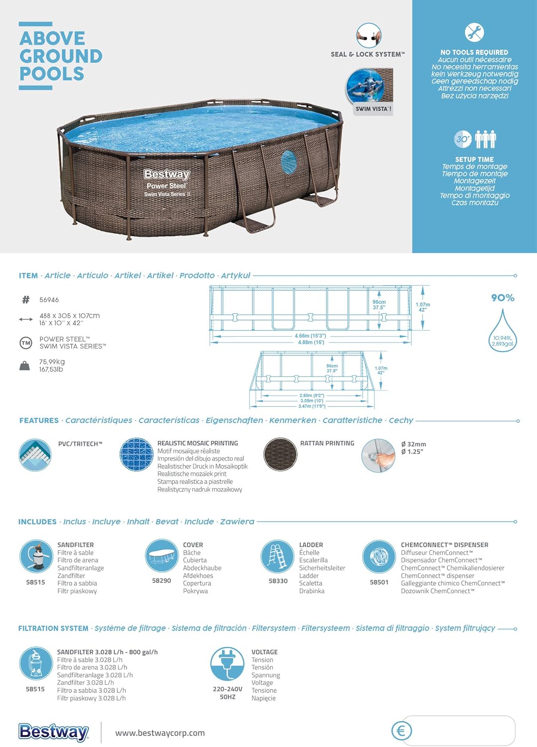 56946 Power Steel? Swim Vista oval pool 488 x 305 x 107 cm rattan pattern with portholes, sand filtration, ladder, cover and Chemconnect? diffuser