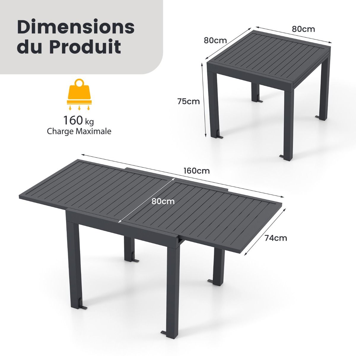 Extendable Aluminum Garden Table, Adjustable from 80 to 160 CM, Outdoor Dining Table with Slatted Top for 4-6 People, Dark Grey