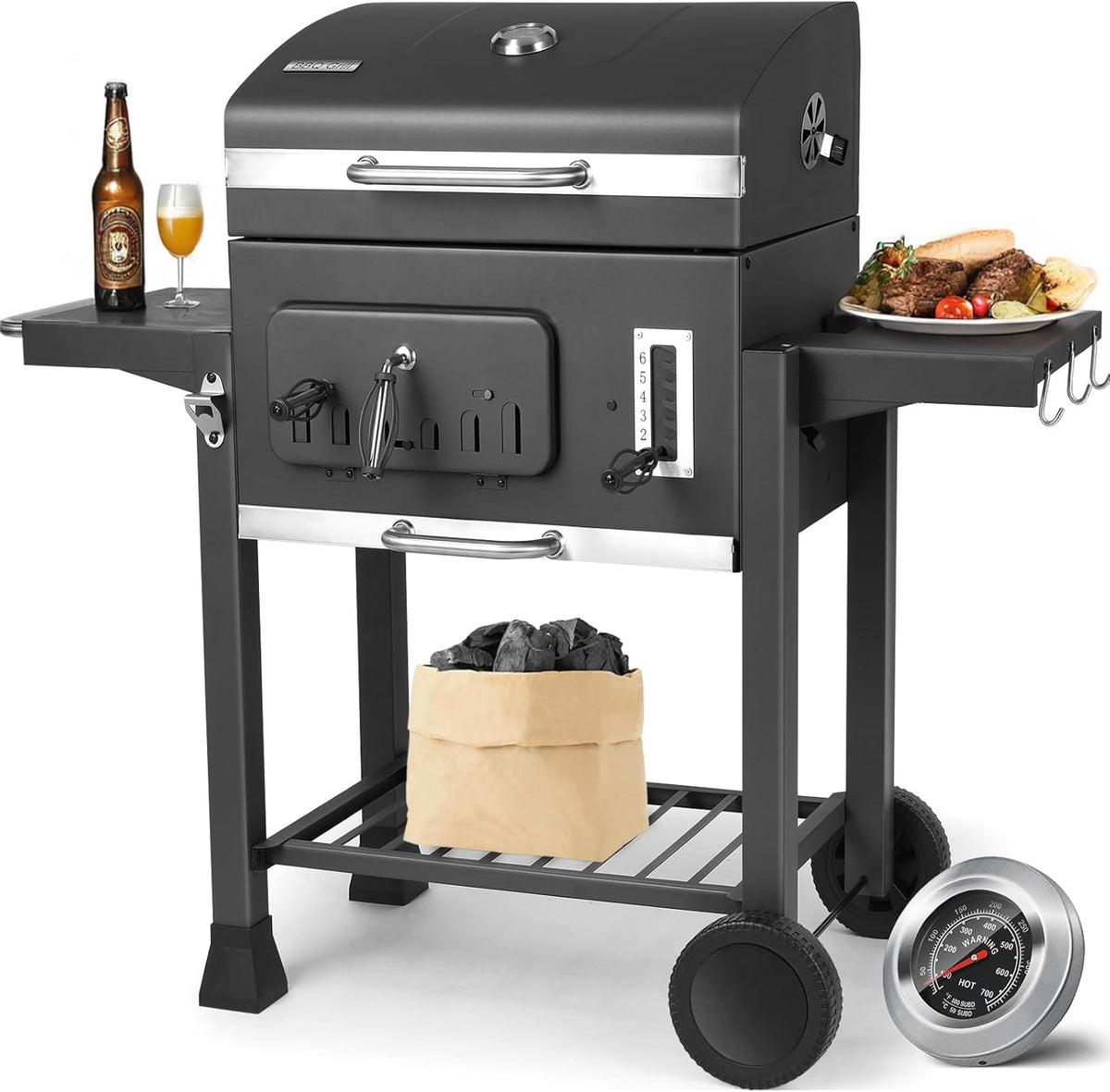 XL Charcoal Barbecue, Barbecue Cart, XL Charcoal Grill with Lid, Wheels and Thermometer, Height Adjustable, Large Charcoal Barbecue, for Camping and Garden, Black