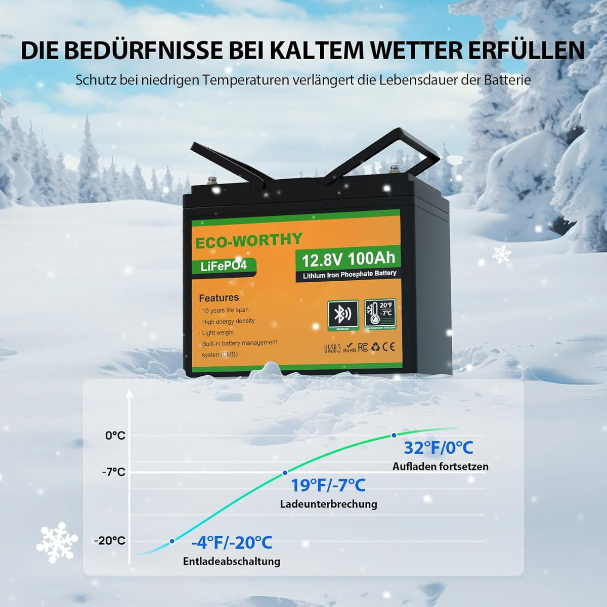 ECO-WORTHY Bluetooth 12V 100AH Lithium Battery, LiFePO4 Battery with Low Temperature Protection, Intelligent BMS, 1280Wh Energy, for caravans, motorhomes, solar systems, fishing
