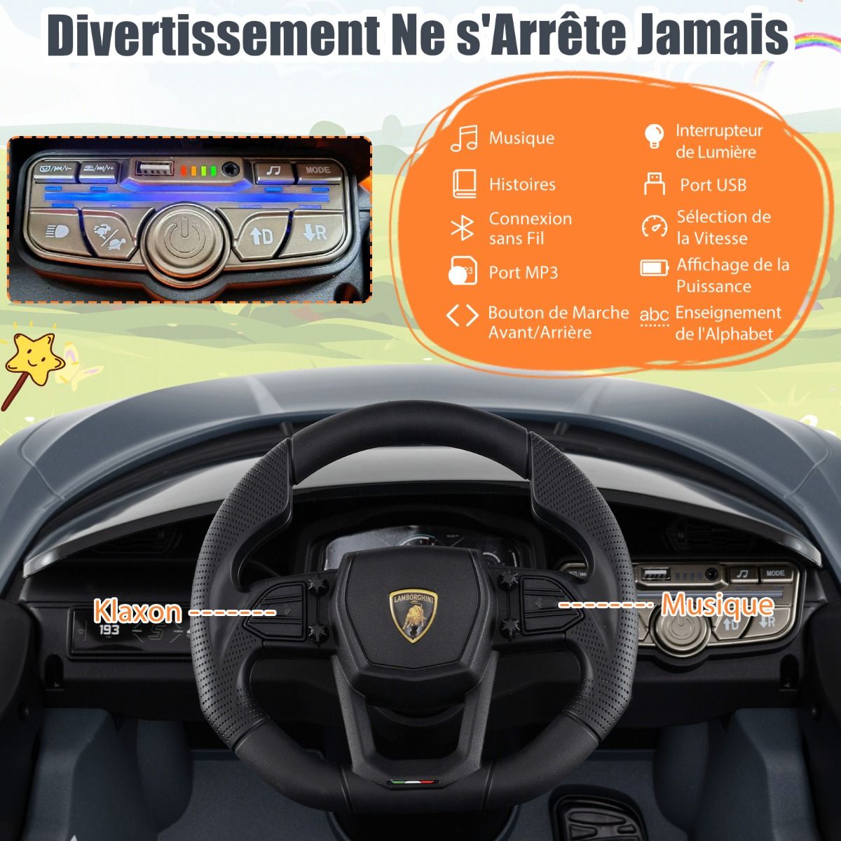 Revuelto Licensed 12V Electric Ride-On Car for Children with Remote Control and Hydraulic Doors, Suitable for Ages 37-95 Months, Grey/Orange