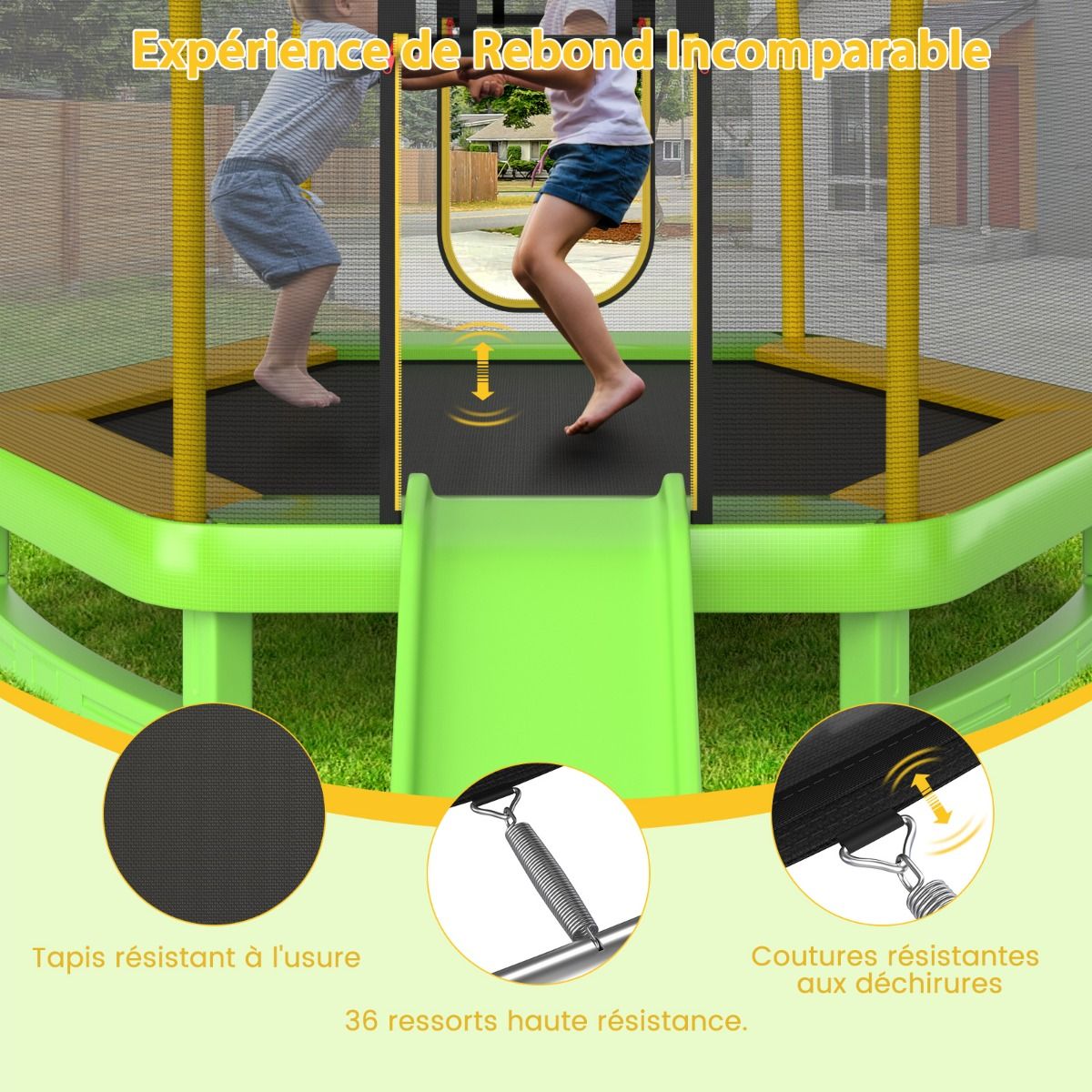 Outdoor Trampoline ? 223cm with Slide & Ladder with Safety Net, 2 U-Shaped Doors, Load Capacity 270kg for 2-3 Children Aged 3+, Blue/Green