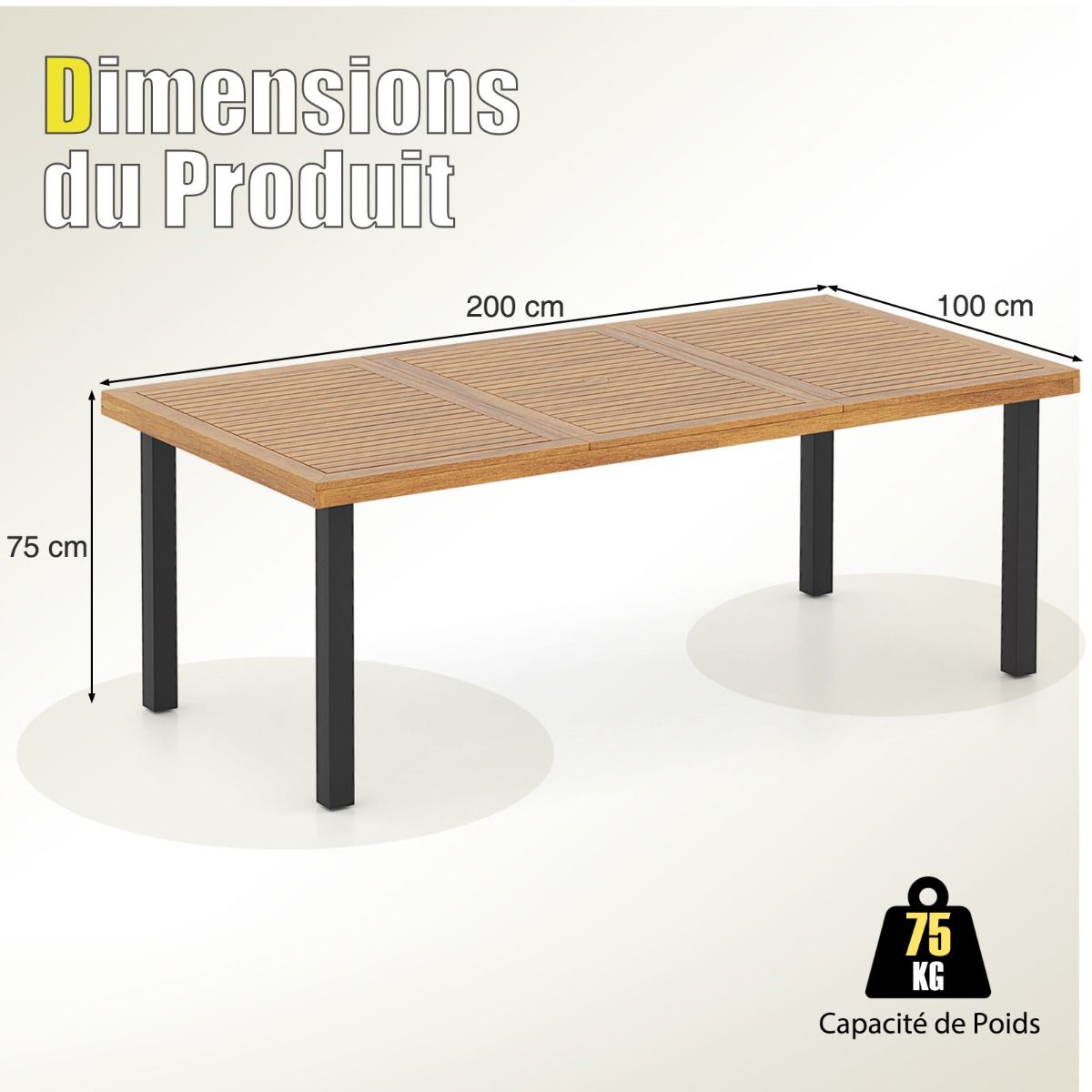 200cm Garden Table for 8 People, Acacia Wood Outdoor Table with Parasol Hole (5cm Diameter), Slatted Design, Metal Legs -