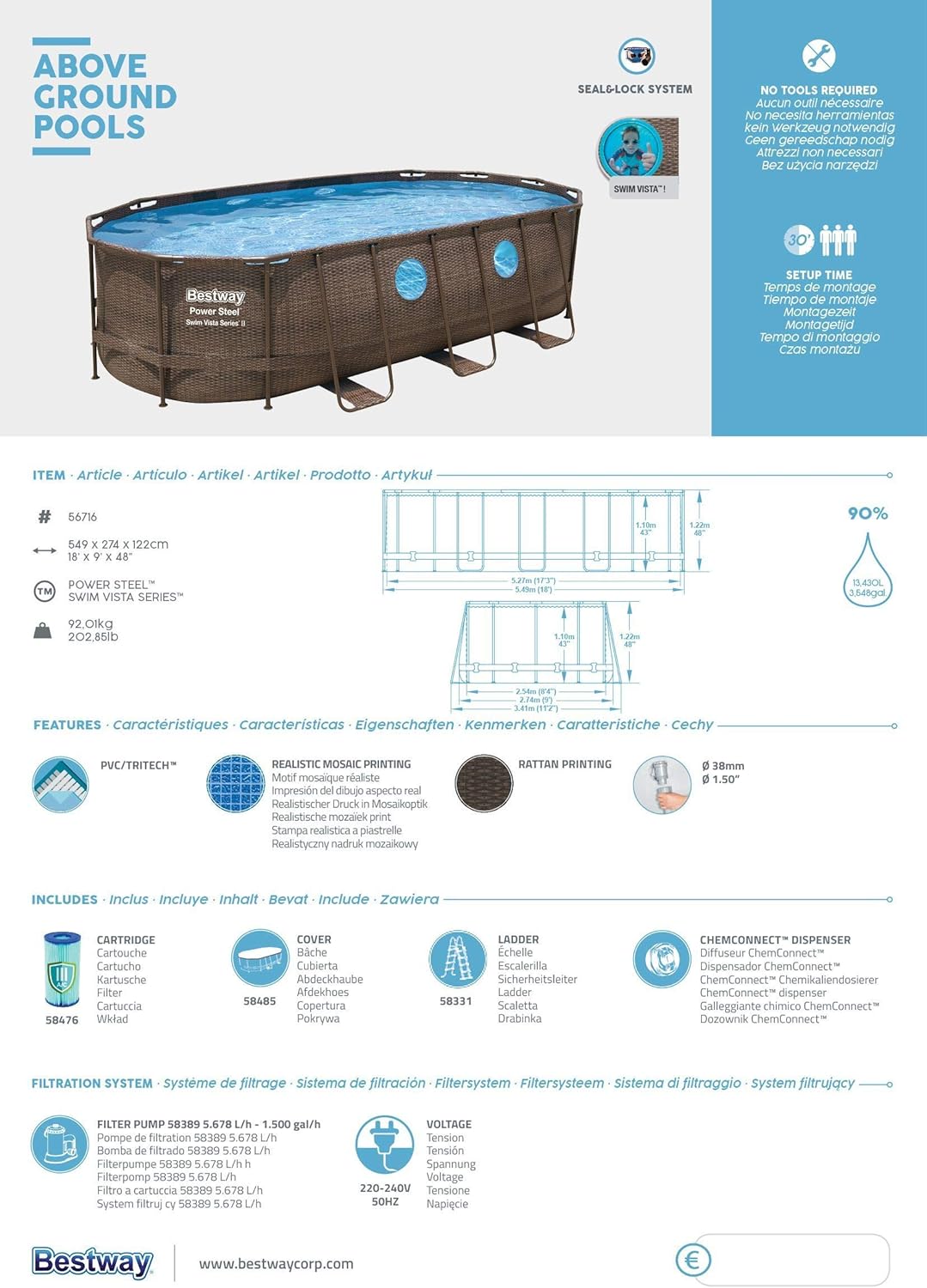 56946 Power Steel? Swim Vista oval pool 488 x 305 x 107 cm rattan pattern with portholes, sand filtration, ladder, cover and Chemconnect? diffuser