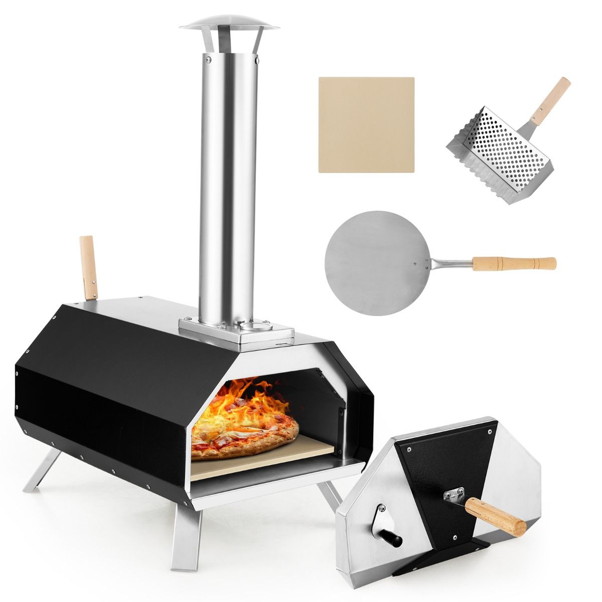 Outdoor Stainless Steel Pizza Oven with 30.5cm Pizza Stone, Wood-Fired Pizza Oven with Peel, Fireguard, and Folding Legs