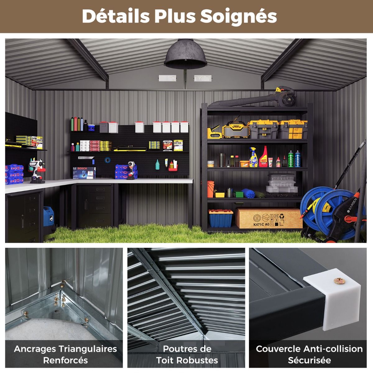 Large Outdoor Storage Shed/Tool Shed with Sloping Roof Design, Lockable Doors with Keys, 4 Ventilation Vents, 350x350x198cm, Grey