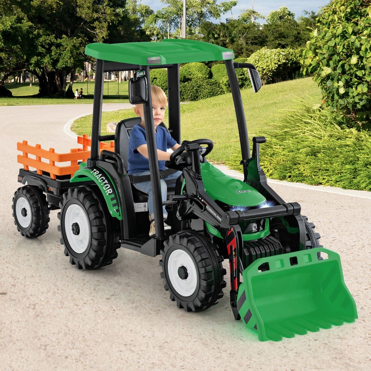 12V Electric Tractor for Children with Detachable Shovel & Trailer, 6-Wheel Electric Vehicle with Remote Control & Music, 3-6 km/h for Ages 3-8, Yellow/Green