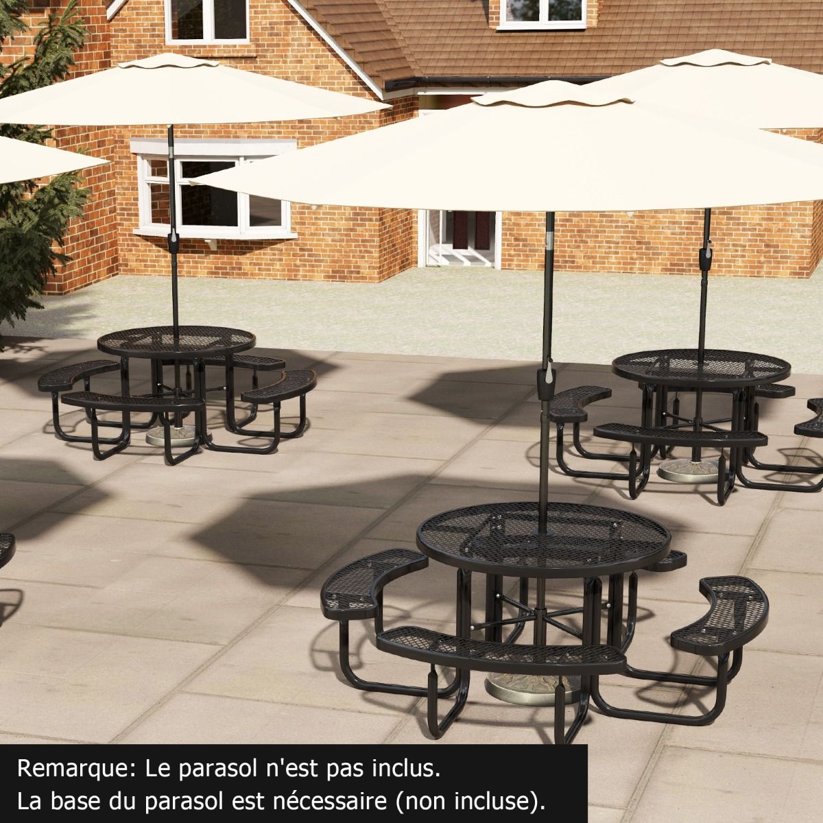 Round Picnic Table with 4 Built-in Benches for 8 People, Metal Camping Table with Seats and Parasol Hole, 202x75cm, Black